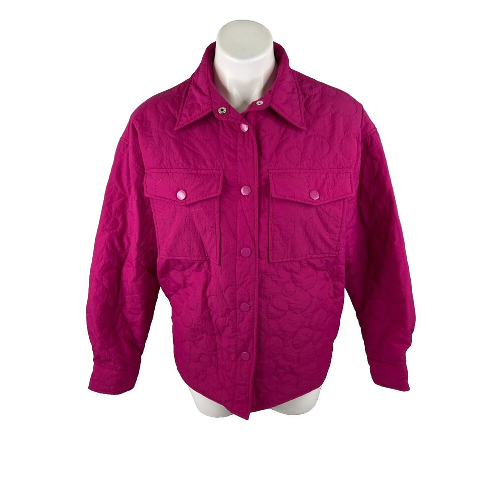 Entro Women Medium Bright Pink Jacket Metal Snap Flower Quilting Lightweight